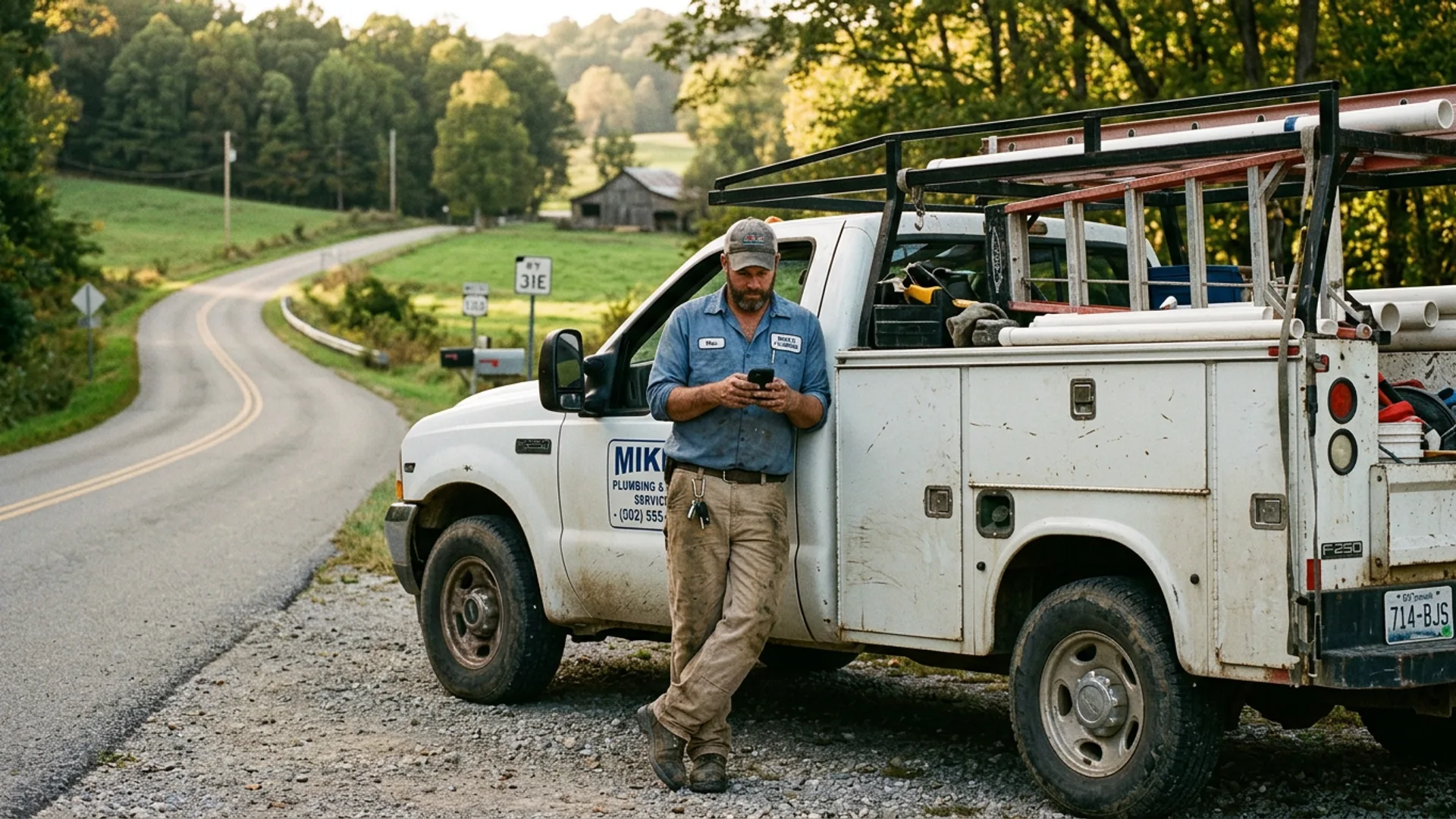 Plumber checking phone by service truck on a rural Kentucky road