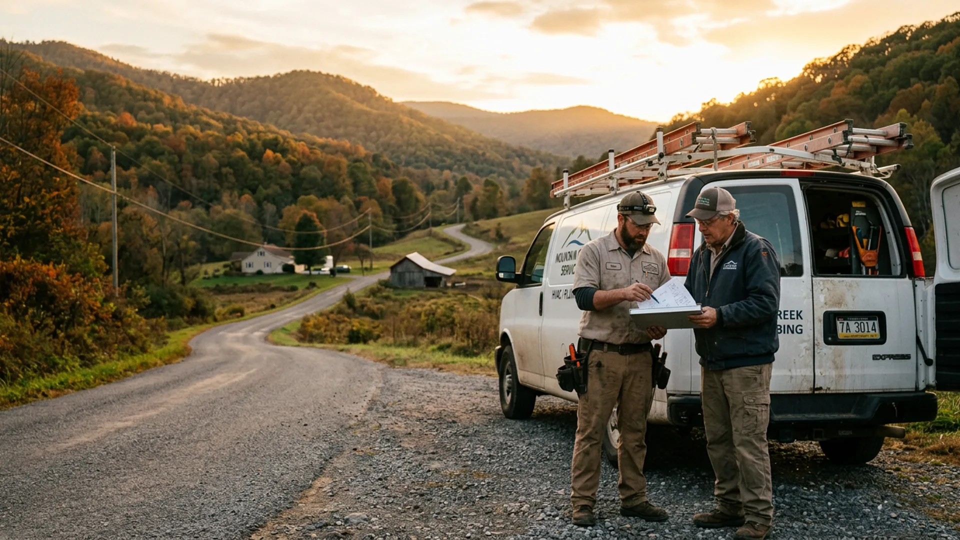 HVAC and plumbing professionals reviewing notes at golden hour on a country road