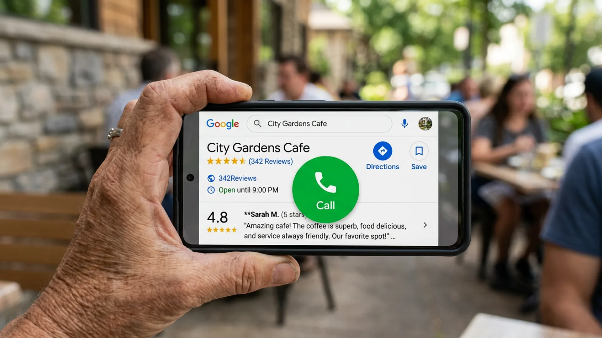 Phone screen showing Google Business Profile with green call button active